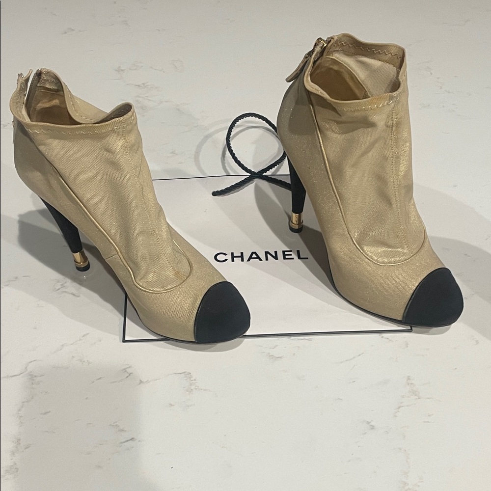 CHANEL Women's Gold and Black Heeled Boots